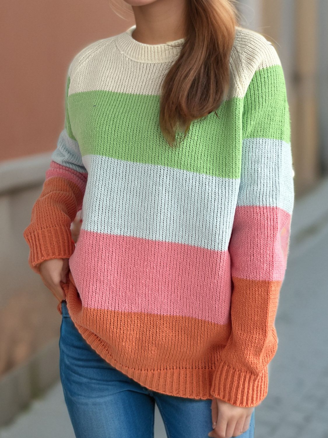 Color Block Round Neck Long Sleeve Sweater-Angel Casuals