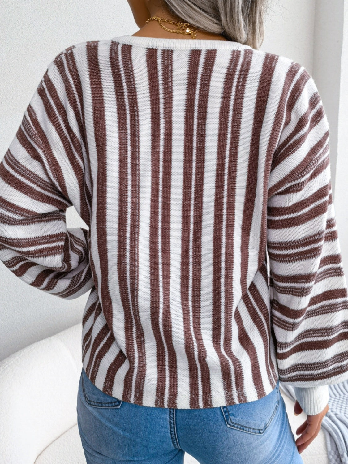 Striped Lace-Up Long Sleeve Sweater-Angel Casuals