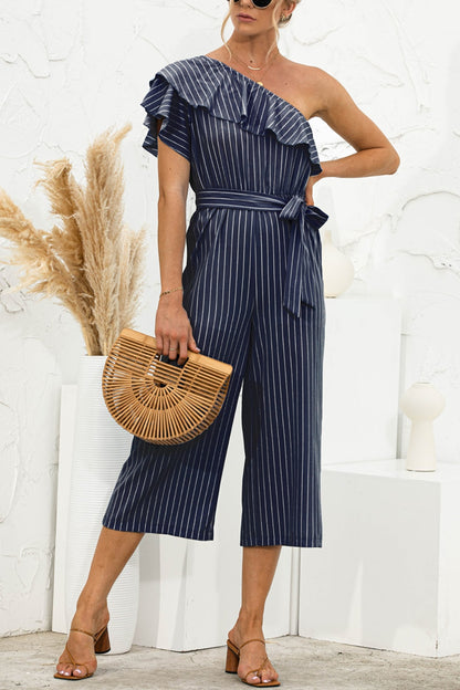 Ruffled Single Shoulder Tie Waist Jumpsuit-Angel Casuals