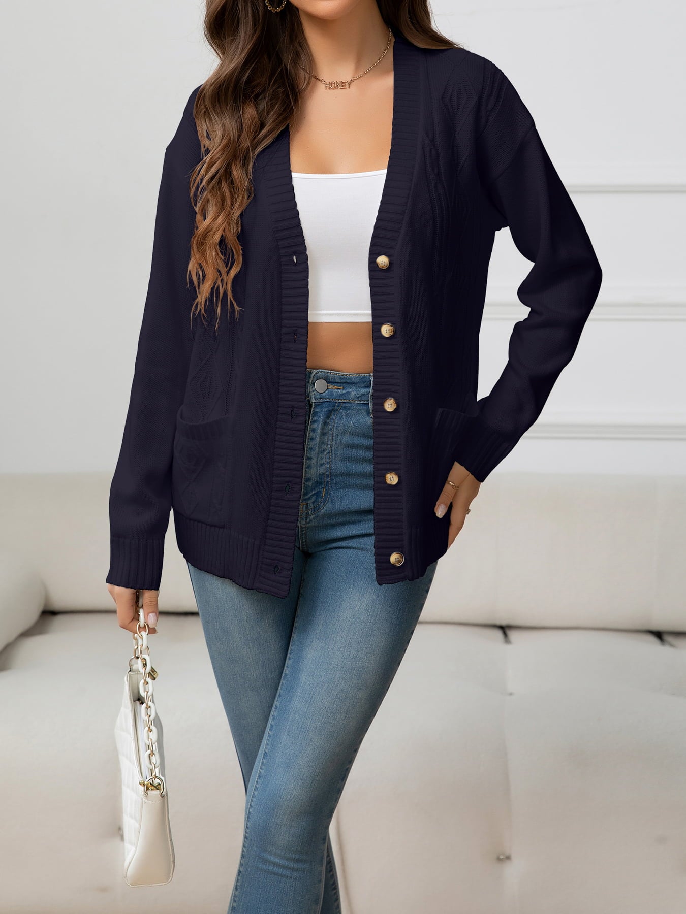 V-Neck Long Sleeve Buttoned Knit Top with Pocket-Angel Casuals