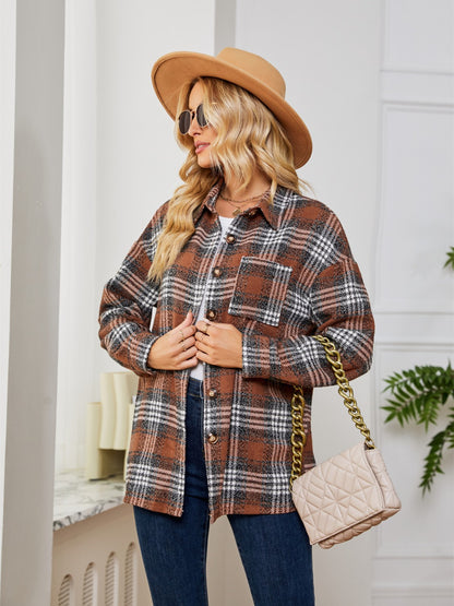 Plaid Collared Shirt Jacket-Angel Casuals