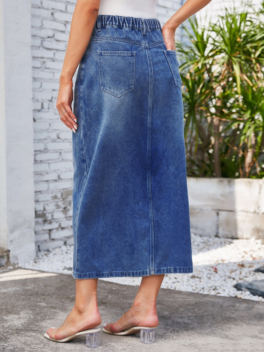 Slit Midi Denim Skirt with Pockets-Angel Casuals