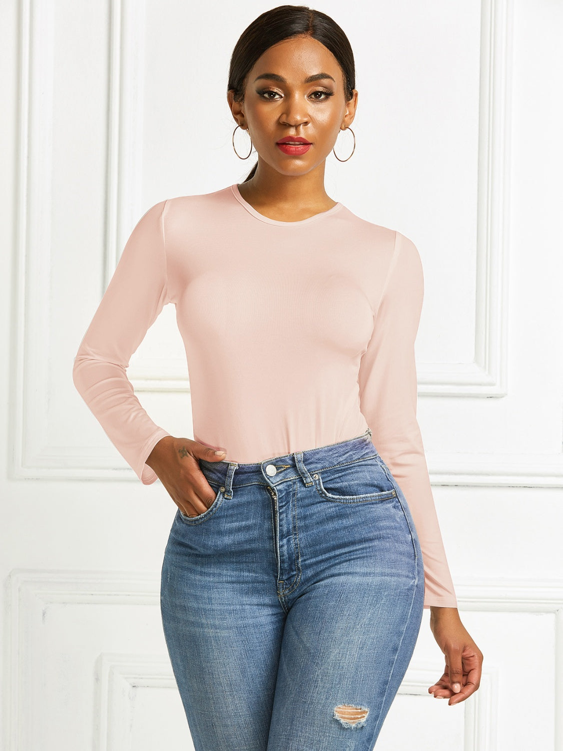 Round Neck Long Sleeve Bodysuit-Angel Casuals