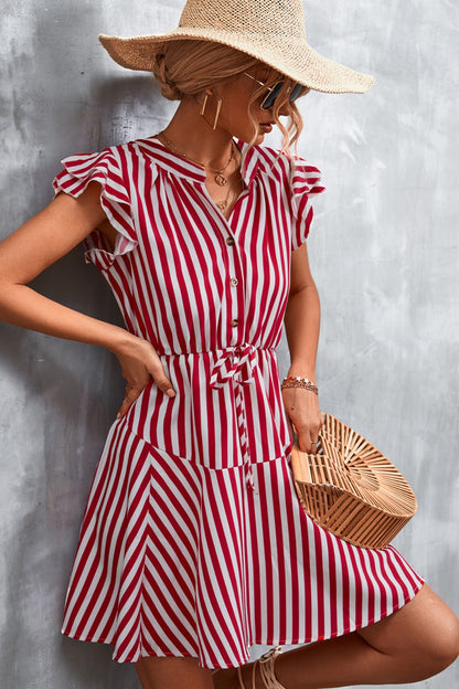 Ruffled Striped Cap Sleeve Mini Dress-Angel Casuals