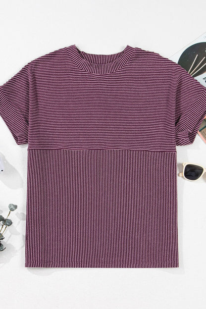 Corded Knit Mock Neck Short Sleeve T Shirt-Angel Casuals