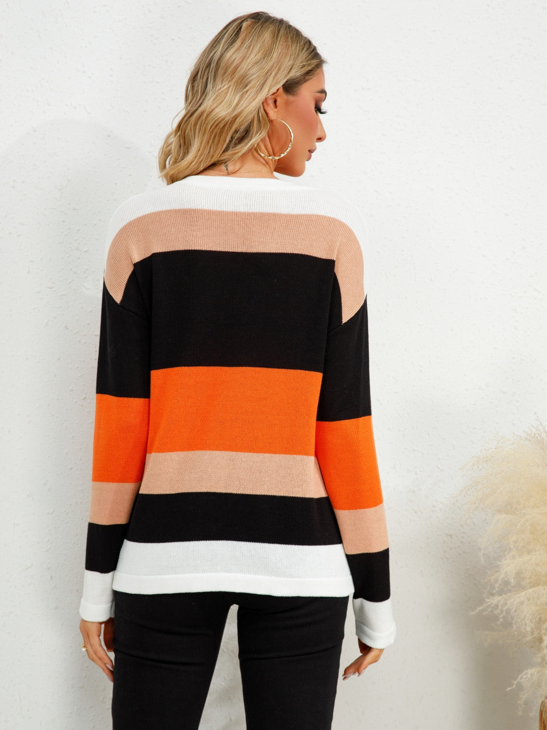 Striped Round Neck Dropped Shoulder Sweater-Angel Casuals