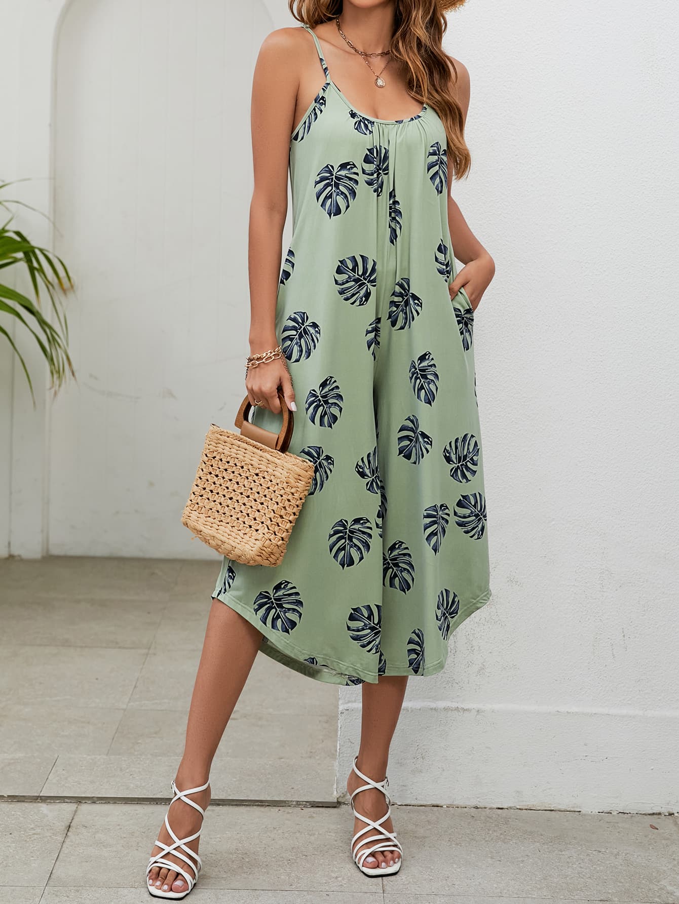 Botanical Print Spaghetti Strap Scoop Neck Jumpsuit-Angel Casuals