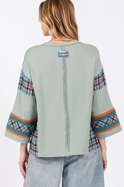 SAGE + FIG Peace Applique Patch Contrast Plaid Top-Angel Casuals