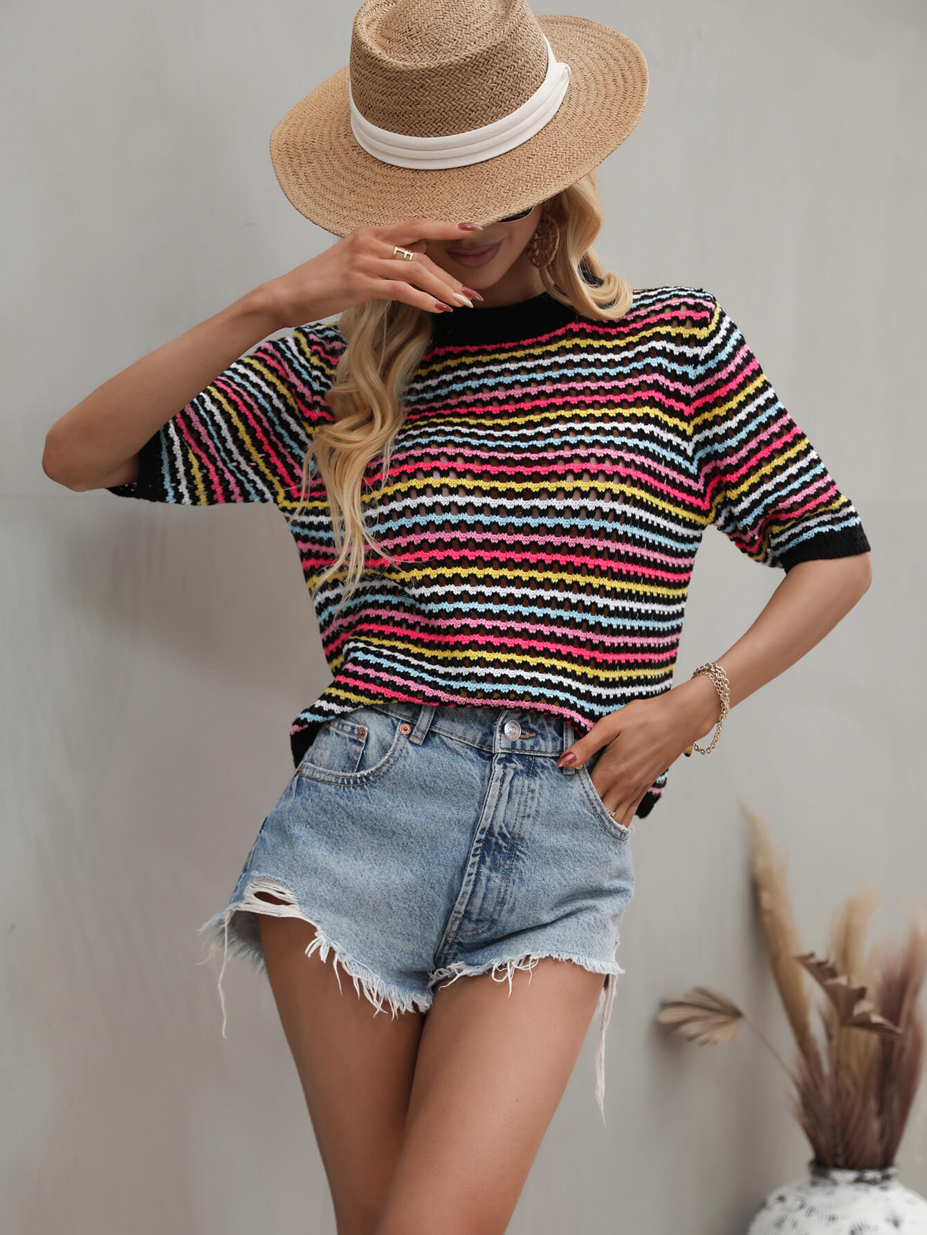 Striped Openwork Half Sleeve Knit Top-Angel Casuals