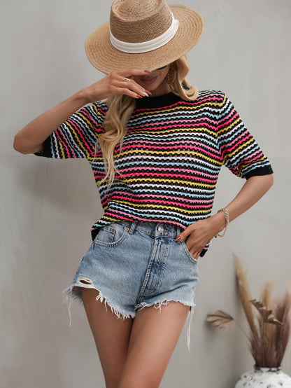 Striped Openwork Half Sleeve Knit Top-Angel Casuals