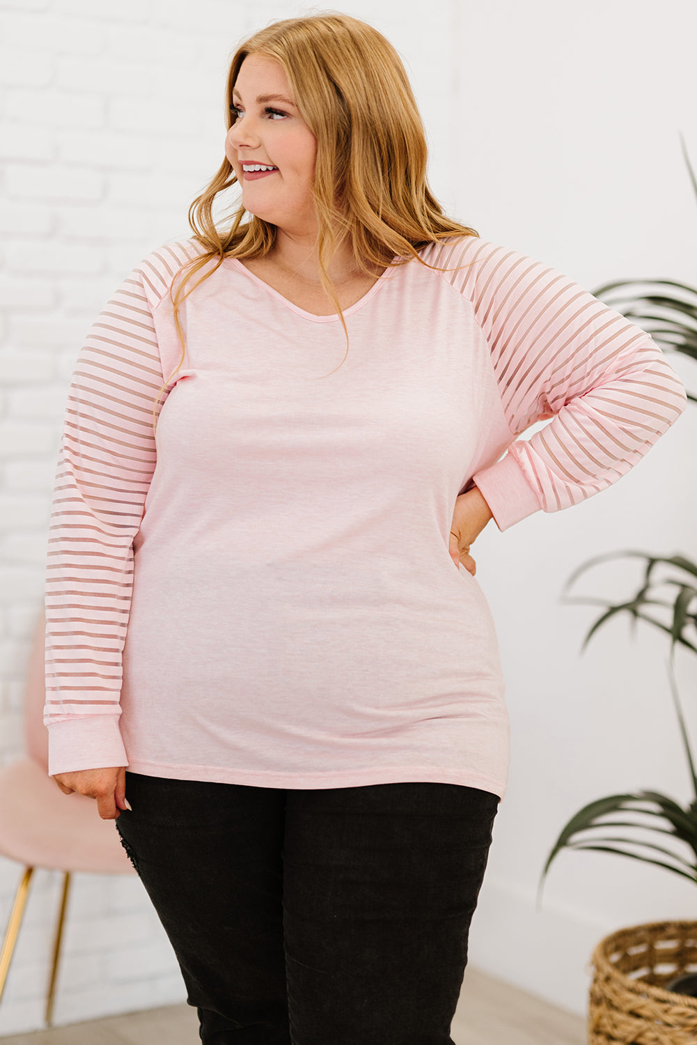 Plus Size Sheer Striped Sleeve V-Neck Top-Angel Casuals