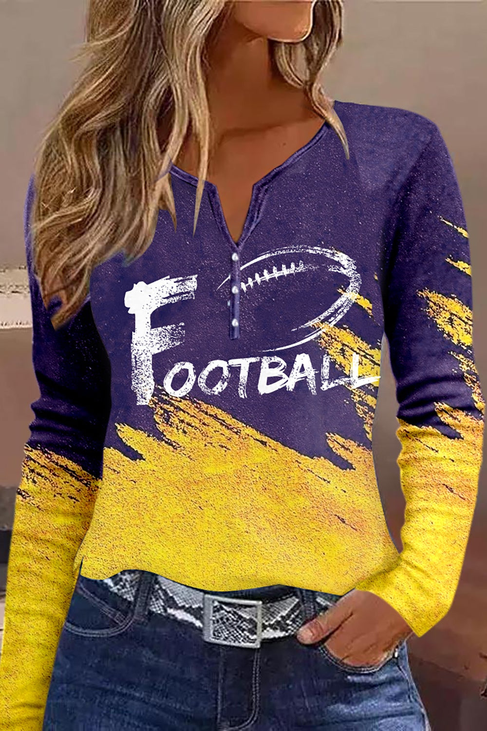 FOOTBALL Graphic Notched Neck Long Sleeve T-Shirt-Angel Casuals