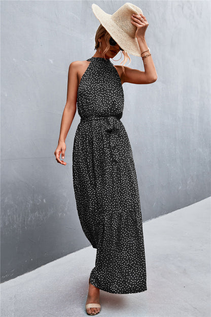 Printed Sleeveless Tie Waist Maxi Dress-Angel Casuals