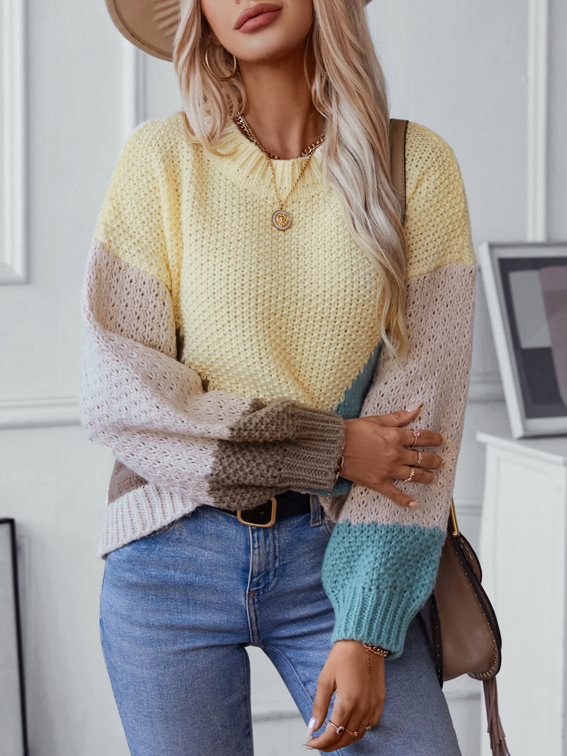 Color Block Round Neck Dropped Shoulder Sweater-Angel Casuals