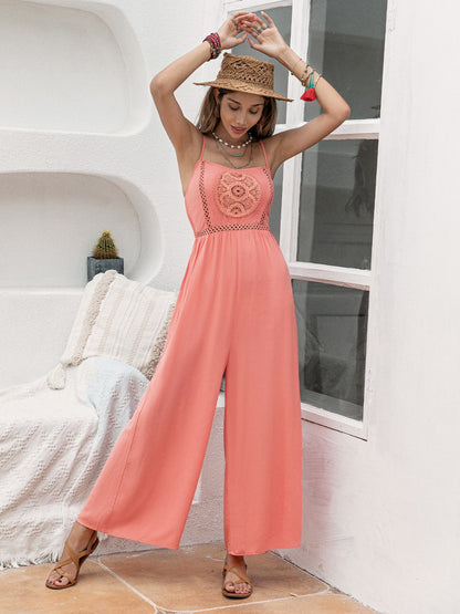 Openwork Spaghetti Strap Wide Leg Jumpsuit-Angel Casuals