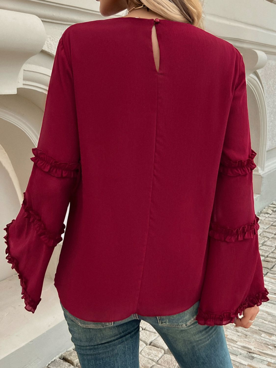 Devine Frill Round Neck Long Sleeve Top-Angel Casuals
