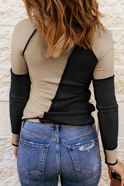 Color Block Round Neck Long Sleeve T-Shirt-Angel Casuals