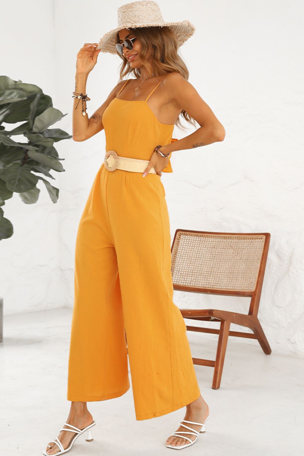 Cutout Spaghetti Strap Tie Back Wide Leg Jumpsuit-Angel Casuals