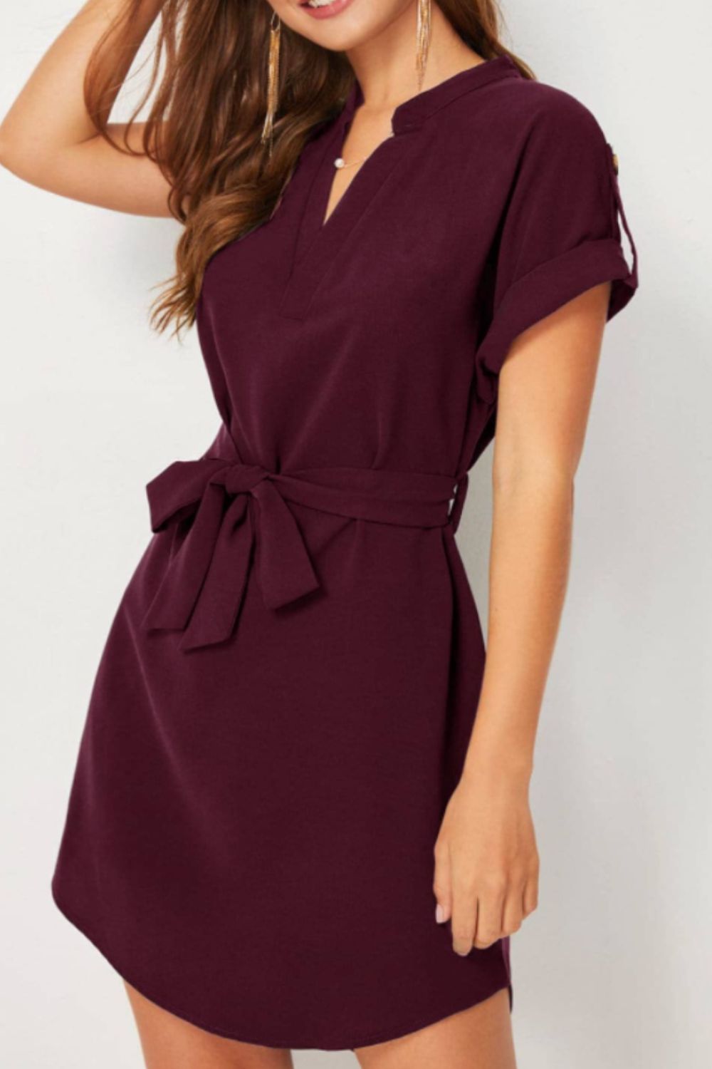 Tied Notched Short Sleeve Dress-Angel Casuals