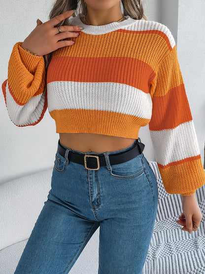 Color Block Round Neck Cropped Sweater-Angel Casuals