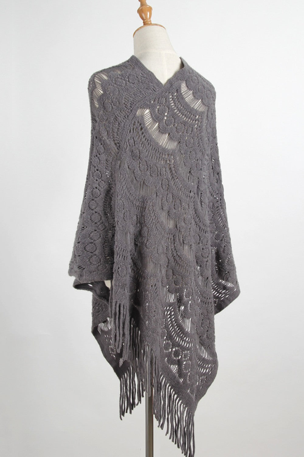 Fringe Openwork Surplice Cape Sleeve Poncho-Angel Casuals