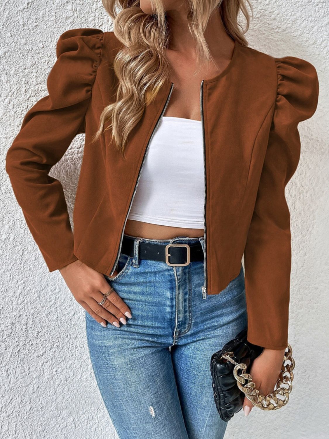 Zip Up Puff Sleeve Jacket-Angel Casuals