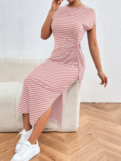 Tied Striped Round Neck Short Sleeve Tee Dress-Angel Casuals