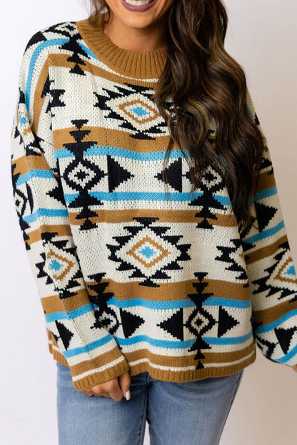 Geometric Round Neck Long Sleeve Sweater-Angel Casuals