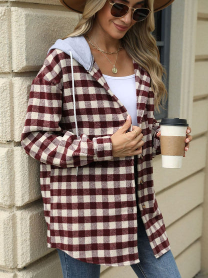 Drawstring Plaid Long Sleeve Hooded Jacket-Angel Casuals