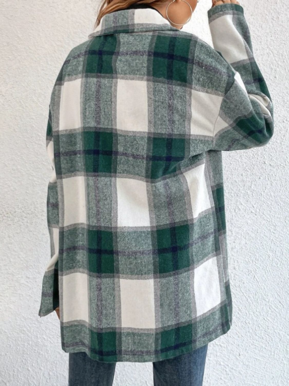 Plaid Collared Neck Dropped Shoulder Shacket-Angel Casuals
