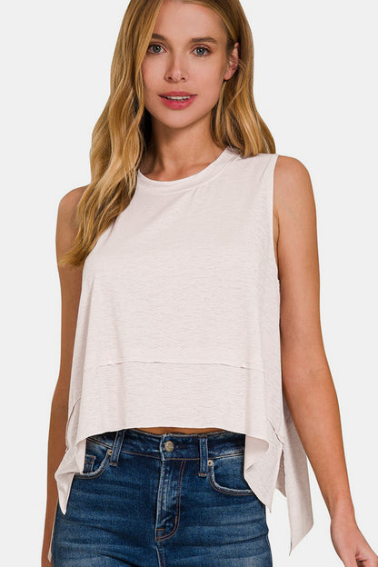 Zenana Slit High-Low Round Neck Tank-Angel Casuals