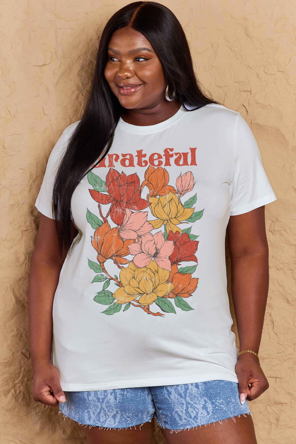 Simply Love Full Size GRATEFUL Flower Graphic Cotton T-Shirt-Angel Casuals