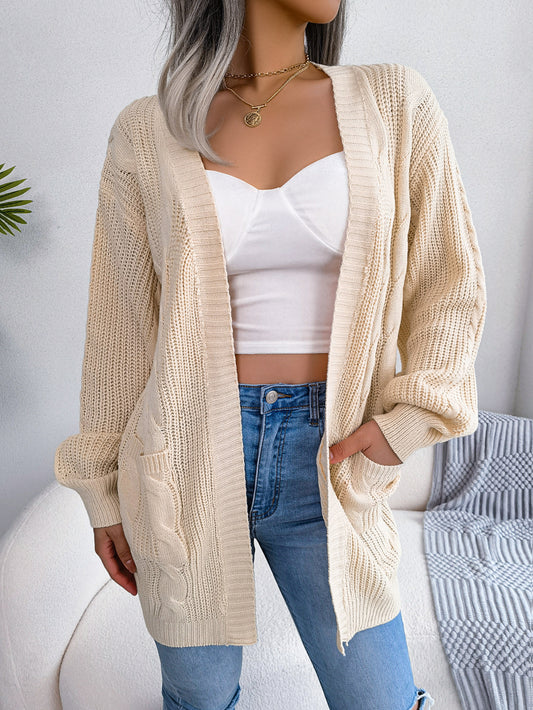 Cable-Knit Open Front Pocketed Cardigan-Angel Casuals