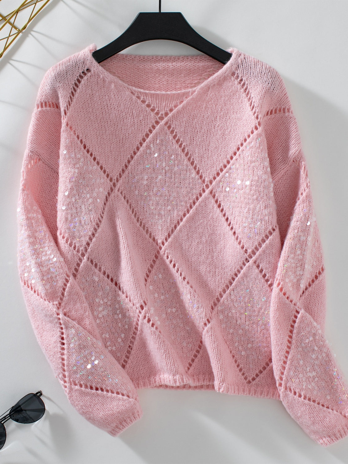 Openwork Round Neck Long Sleeve Knit Top-Angel Casuals