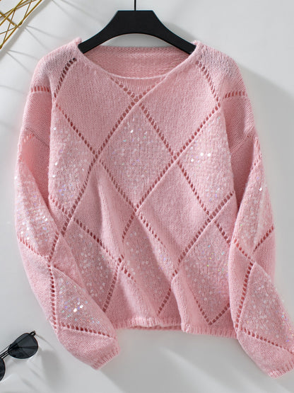 Openwork Round Neck Long Sleeve Knit Top-Angel Casuals