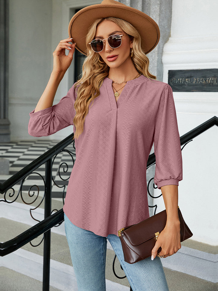 Notched Neck Three-Quarter Sleeve Blouse-Angel Casuals