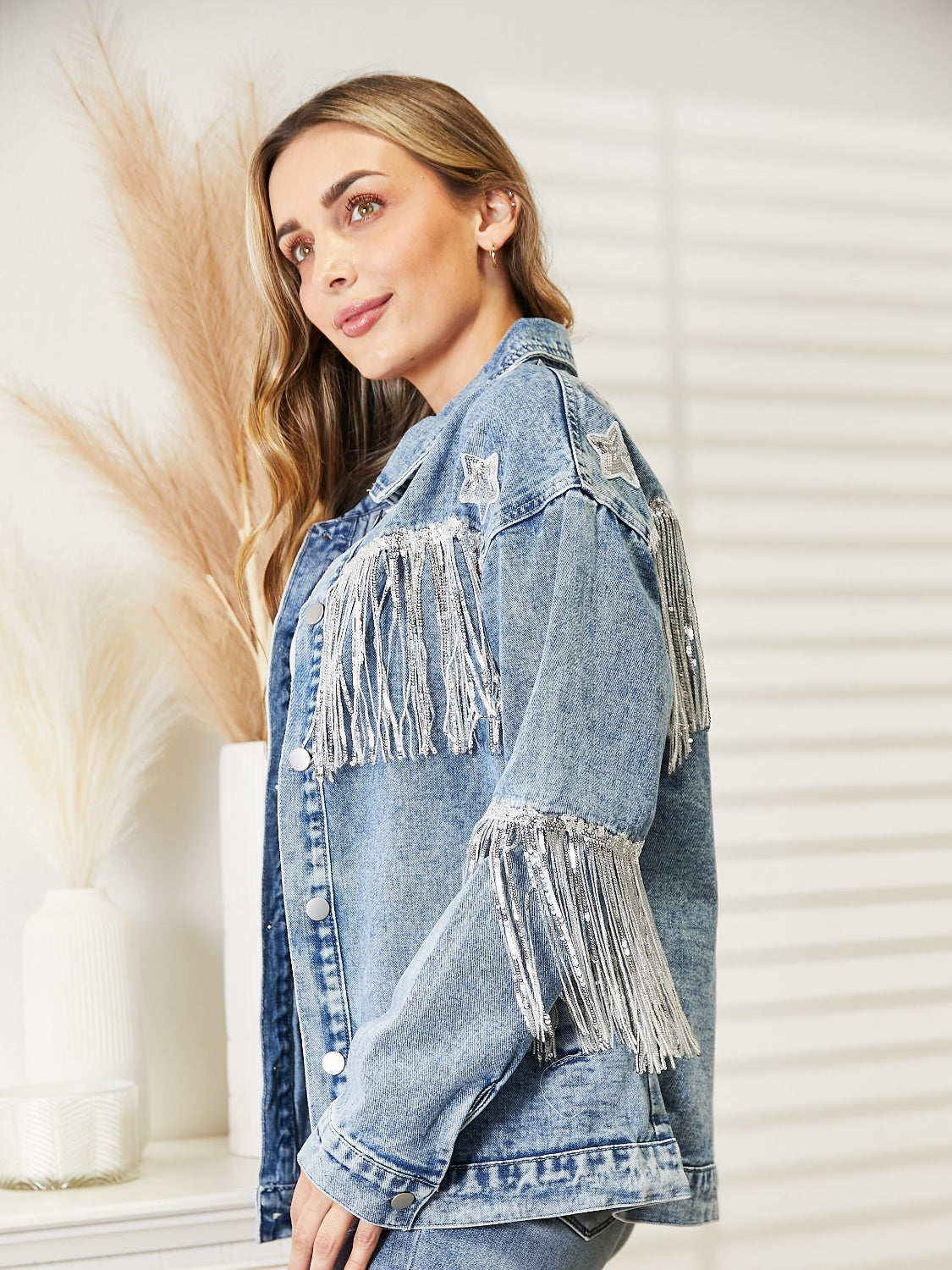 Fringe Detail Long Sleeve Denim Jacket-Angel Casuals