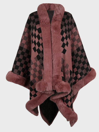 Fuzzy Checkered Long Sleeve Poncho-Angel Casuals