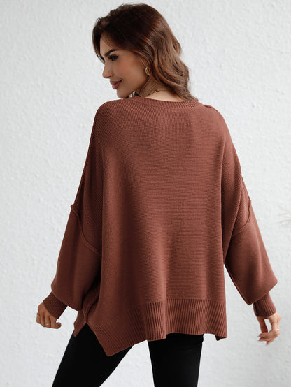 Exposed Seam Dropped Shoulder Slit Sweater-Angel Casuals