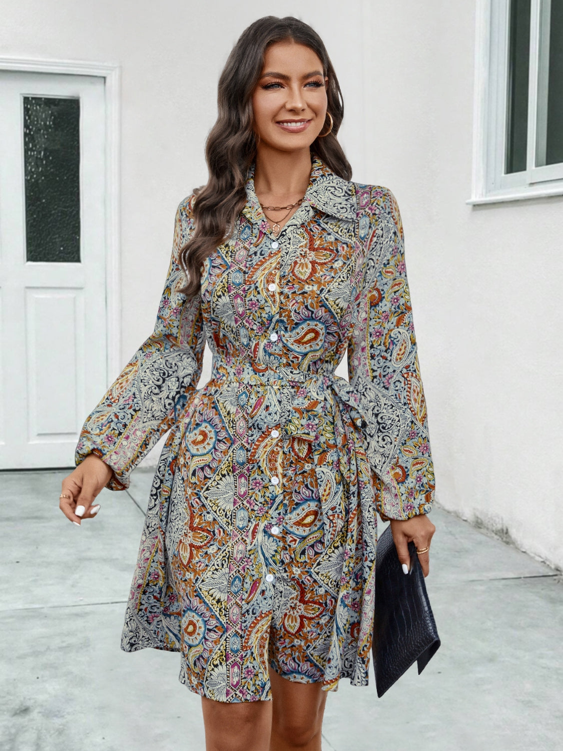 Printed Collared Neck Long Sleeve Dress-Angel Casuals