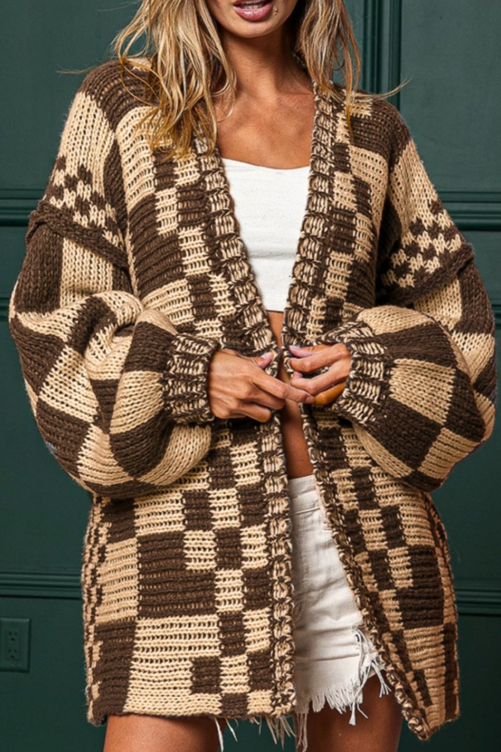 Checkered Open Front Long Sleeve Cardigan-Angel Casuals
