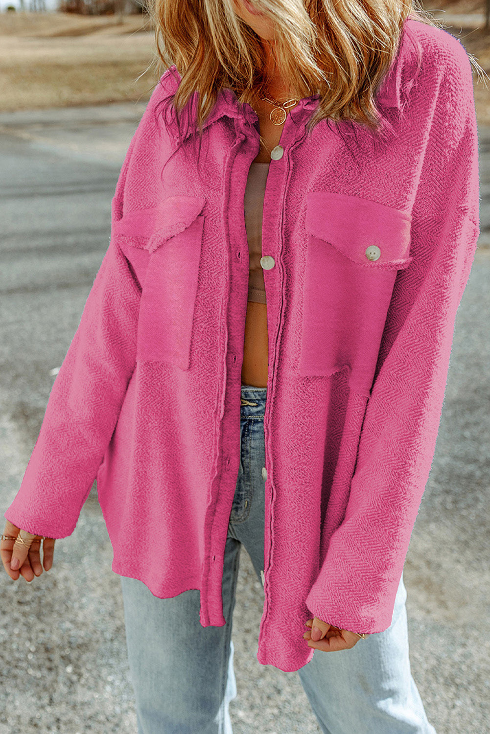Pocketed Button Up Droppped Shoulder Jacket-Angel Casuals