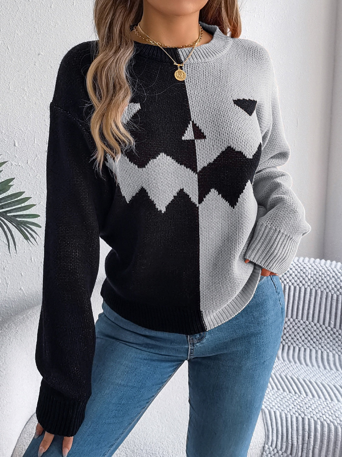 Contrast Round Neck Long Sleeve Sweater-Angel Casuals