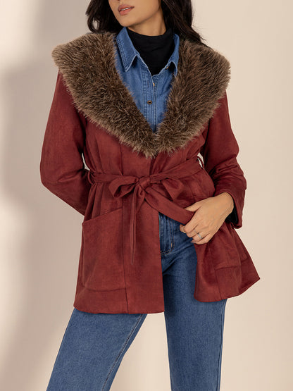 Fuzzy Collared Neck Tie Waist Jacket-Angel Casuals