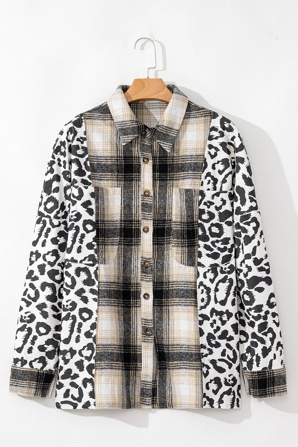 Plus Size Leopard Plaid Button Up Long Sleeve Shacket-Angel Casuals