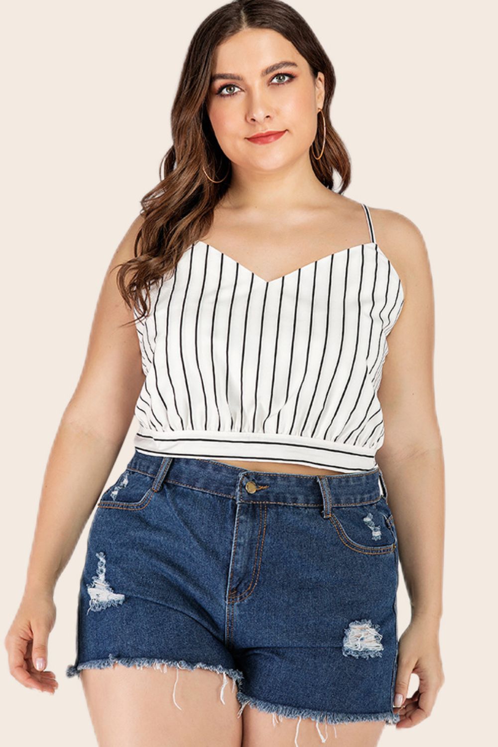 Plus Size Striped Tie-Back Cropped Cami-Angel Casuals