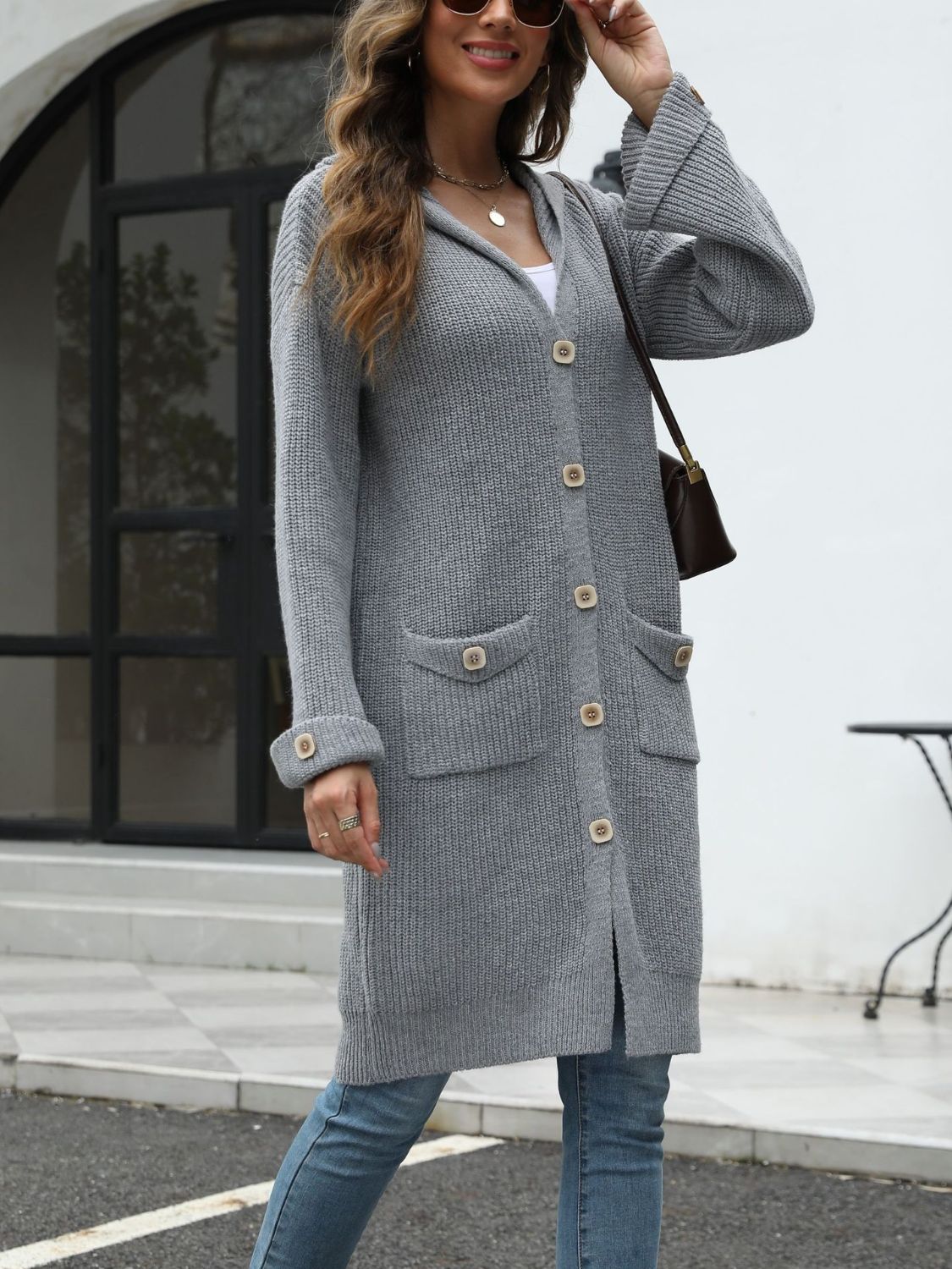 Pocketed Button Up Long Sleeve Hooded Cardigan-Angel Casuals