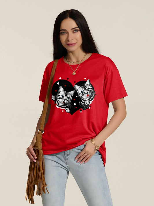 Cat Round Neck Dropped Shoulder T-Shirt-Angel Casuals