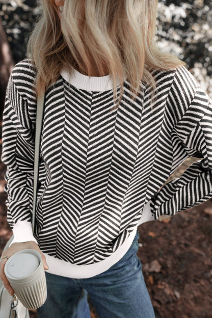 Striped Round Neck Long Sleeve Sweater-Angel Casuals