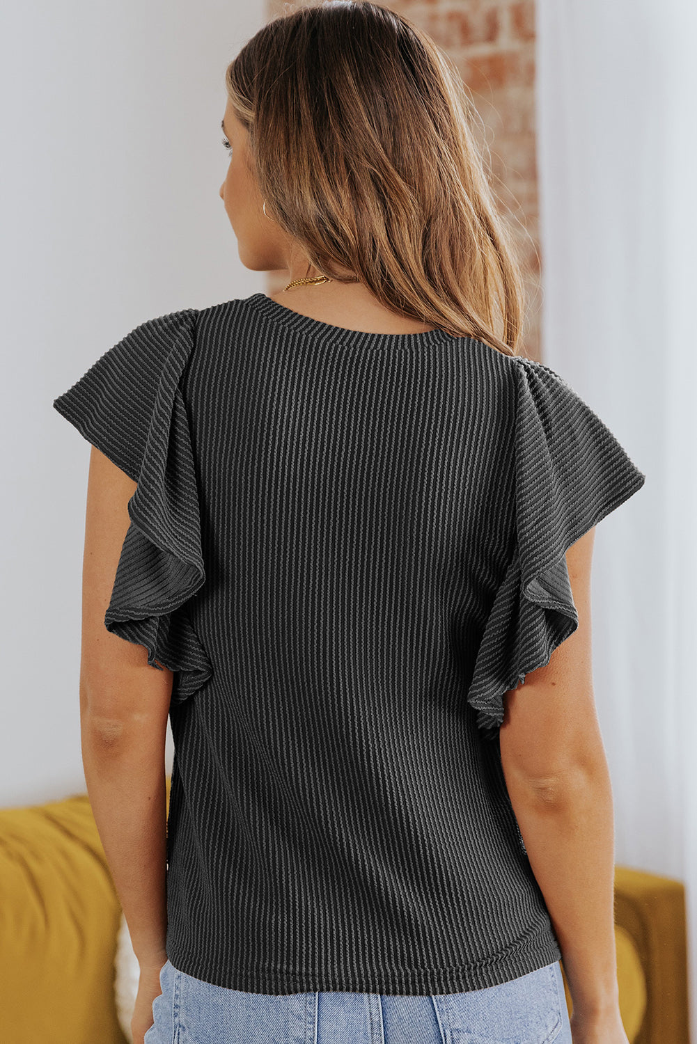 Ribbed Ruffle Trim Round Neck Top-Angel Casuals